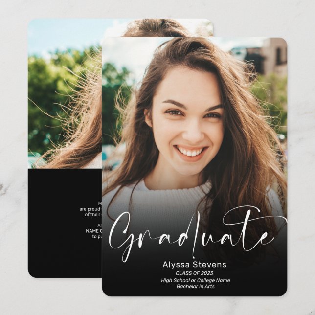 Modern white black script 2 photos graduation announcement (Front/Back)