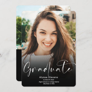 Modern white black script 2 photos graduation announcement