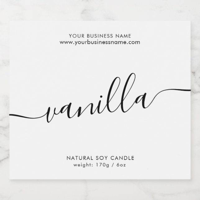 Modern white black script candle product label (Single Label)