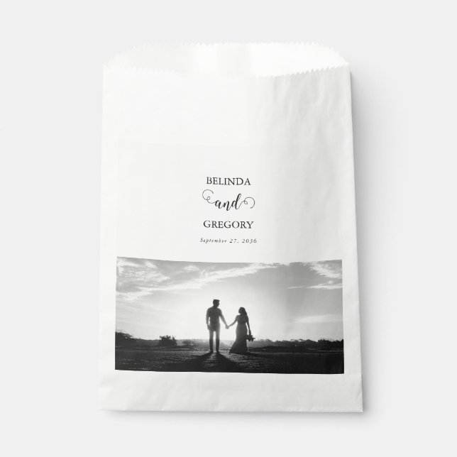 Modern White & Black Script Couple Photo Wedding Favour Bags (Front)