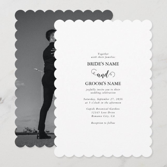 Modern White & Black Script Couple Photo Wedding Invitation (Front/Back)