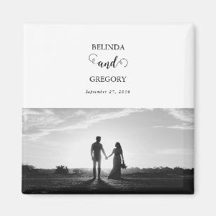 Modern White & Black Script Couple Photo Wedding  Magnet