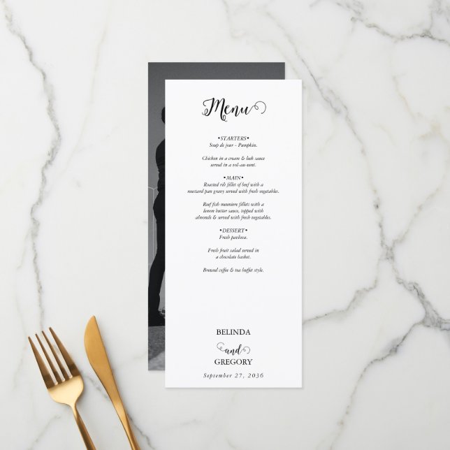 Modern White & Black Script Couple Photo Wedding Menu (Front/Back In Situ)