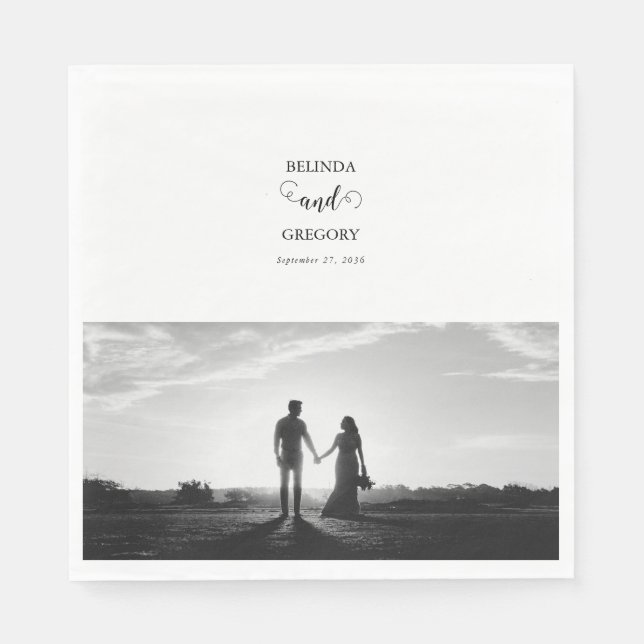 Modern White & Black Script Couple Photo Wedding Napkin (Front)
