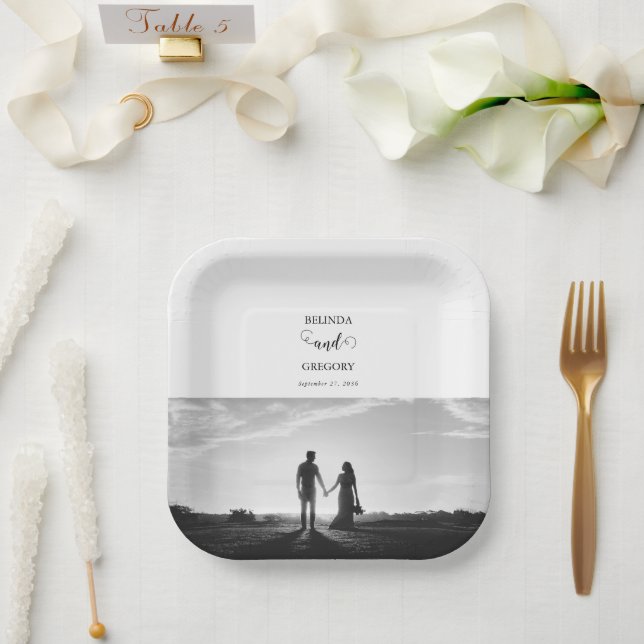 Modern White & Black Script Couple Photo Wedding Paper Plate (Wedding)