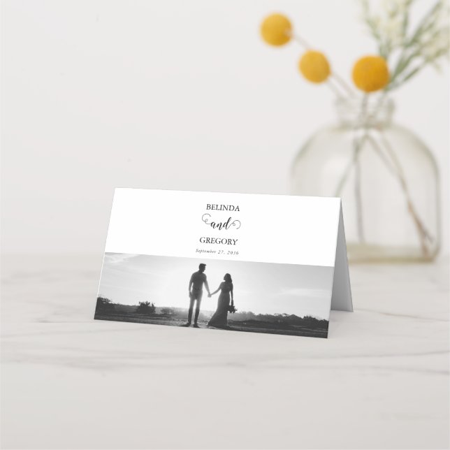 Modern White & Black Script Couple Photo Wedding Place Card (Back)