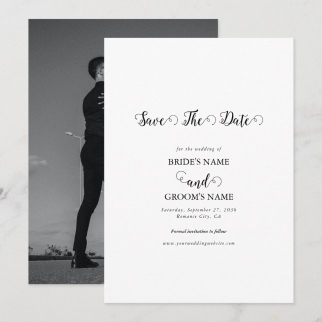 Modern White & Black Script Couple Photo Wedding Save The Date (Front/Back)