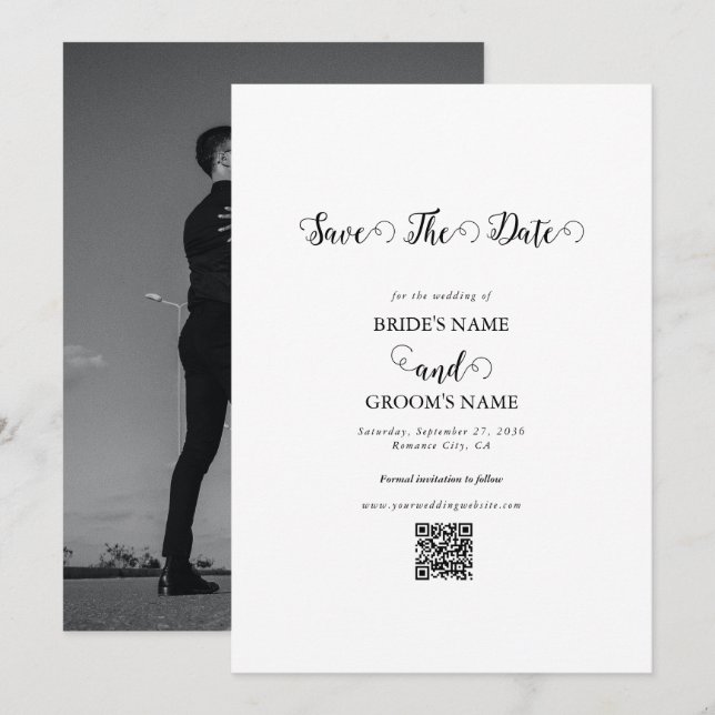 Modern White & Black Script Couple Photo Wedding Save The Date (Front/Back)