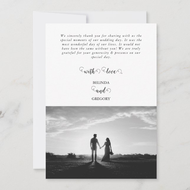 Modern White & Black Script Couple Photo Wedding Thank You Card (Back)