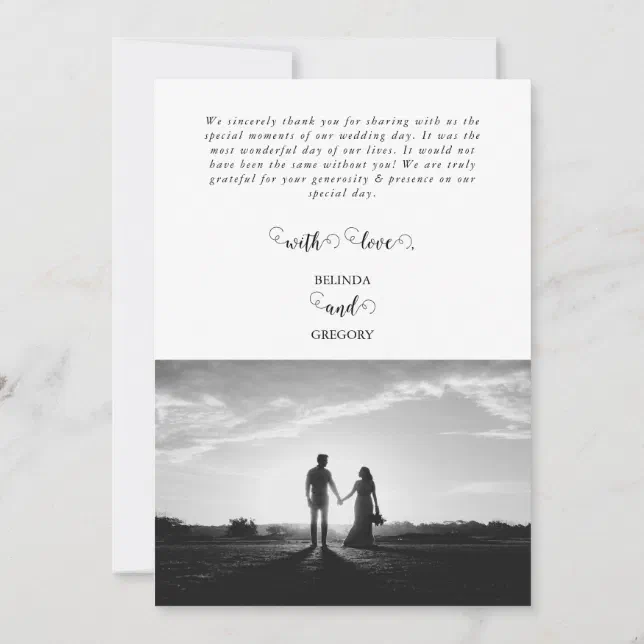 Modern White & Black Script Couple Photo Wedding Thank You Card | Zazzle