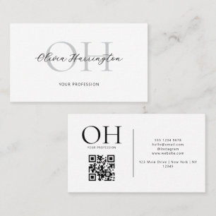 Modern White Black Script QR Code Monogram Business Card
