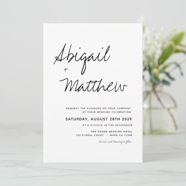 Modern White Black Simple Handwriting Boho Wedding Invitation (Standing Front)