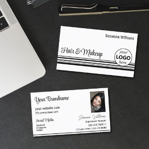 Modern White Black Stripes with Logo and Photo Business Card