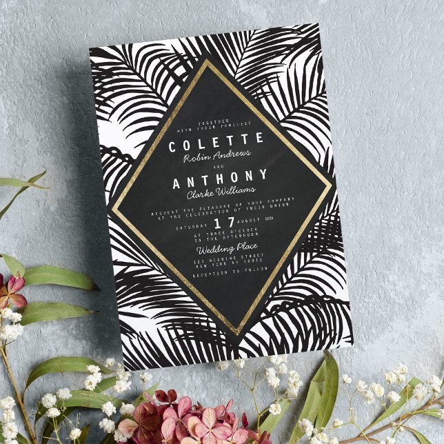 Modern White Black Tropical Palm Frond Wedding Invitation (Modern White Black Tropical Palm Frond Wedding Invitation )