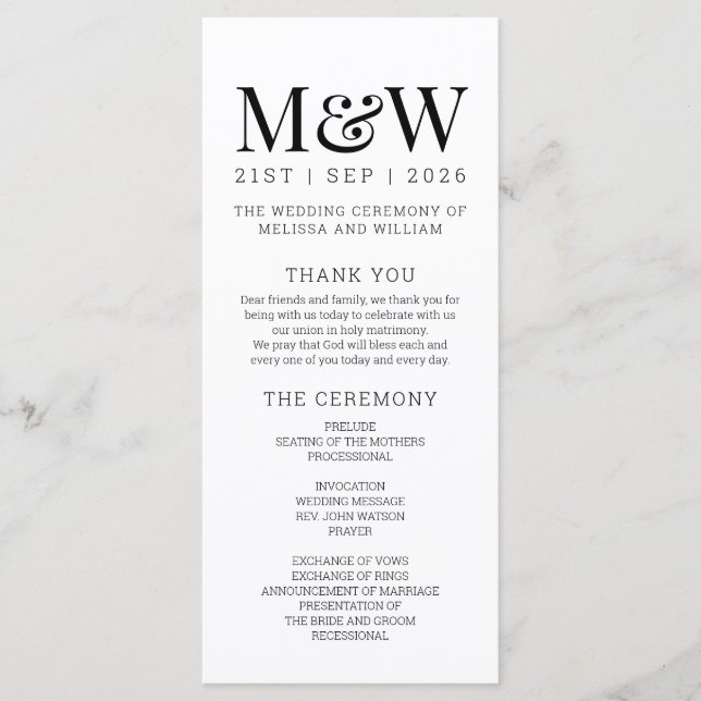 Modern White Black Wedding Programme (Front)