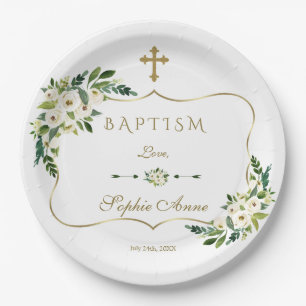 Modern White Blooming Floral Girl Baptism Paper Plate
