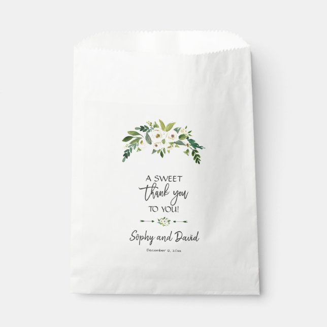Modern White Blooming Floral Handwriting THANK YOU Favour Bags (Front)