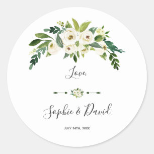 Modern White Blooming Floral Handwriting Wedding Classic Round Sticker