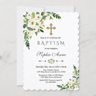 Modern White Blooming Floral Peonies Baptism Invitation