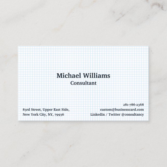 Modern White Blue Chequered Geometric Pattern Chic Business Card (Front)