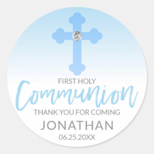 Modern White Blue Cross COMMUNION Boy Thank You Classic Round Sticker