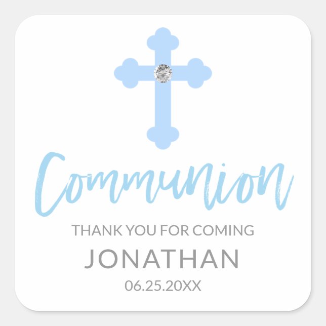 Modern White Blue Cross COMMUNION Boy Thank You Square Sticker (Front)