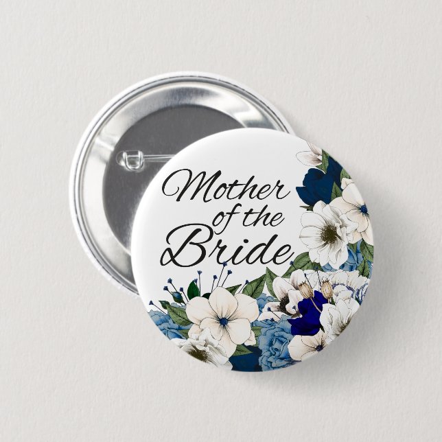 Modern White Blue Floral Mother Of The Bride 6 Cm Round Badge (Front & Back)