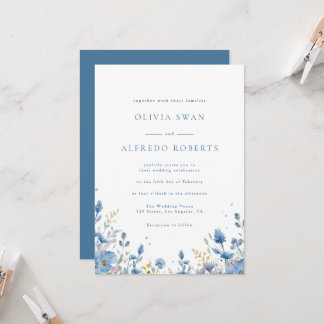 Modern White Blue Floral Wedding Invitation