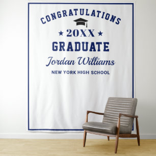 Modern White Blue Graduation Photo Booth Backdrop Tapestry