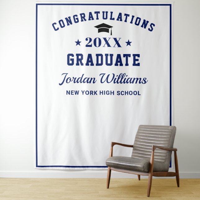 Modern White Blue Graduation Photo Booth Backdrop Tapestry (In Situ)