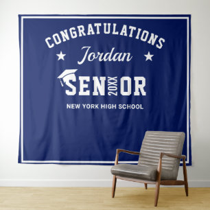 Modern White Blue Graduation Photo Booth Backdrop Tapestry