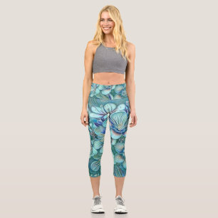 Modern White Blue Green Cherry Blossom Watercolor Capri Leggings