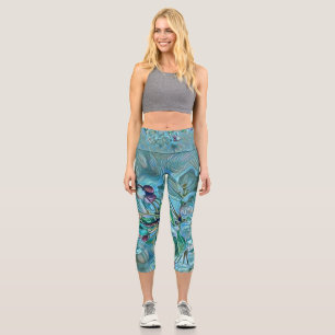 Modern White Blue Green Cherry Blossom Watercolor Capri Leggings