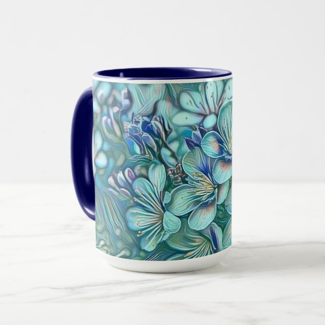 Modern White Blue Green Cherry Blossom Watercolor  Mug (Front Left)