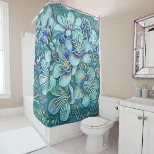 Modern White Blue Green Cherry Blossom Watercolor Shower Curtain