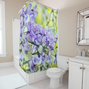Modern White Blue Green Cherry Blossom Watercolor  Shower Curtain