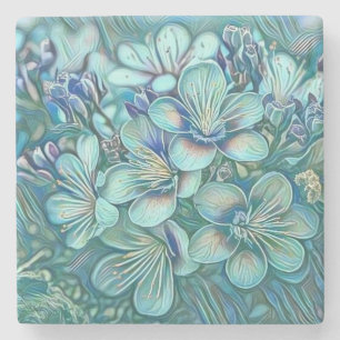 Modern White Blue Green Cherry Blossom Watercolor  Stone Coaster