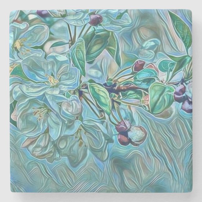 Modern White Blue Green Cherry Blossom Watercolor  Stone Coaster (Front)