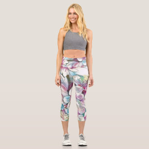 Modern White Blue Pink Cherry Blossom Watercolor Capri Leggings