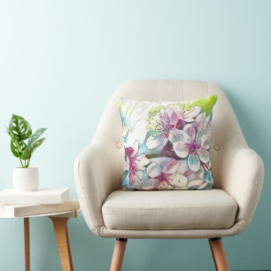 Modern White Blue Pink Cherry Blossom Watercolor Cushion