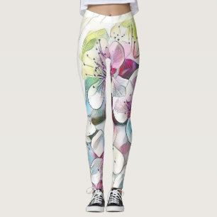 Modern White Blue Pink Cherry Blossom Watercolor Leggings