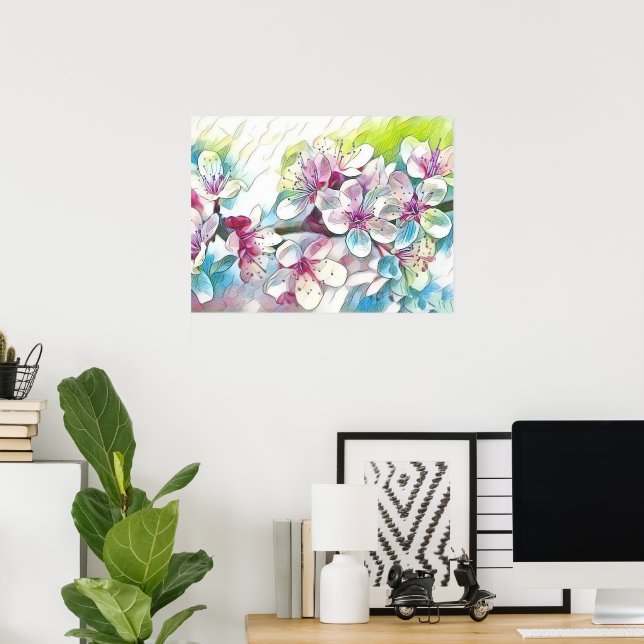 Modern White Blue Pink Cherry Blossom Watercolor   Poster (Home Office)