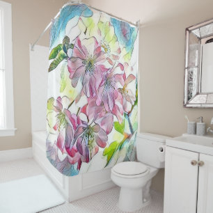 Modern White Blue Pink Cherry Blossom Watercolor  Shower Curtain