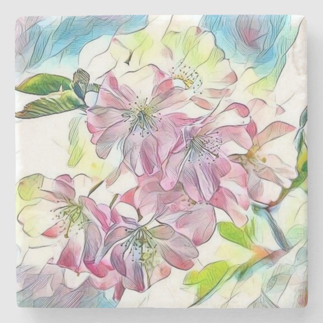 Modern White Blue Pink Cherry Blossom Watercolor   Stone Coaster (Front)