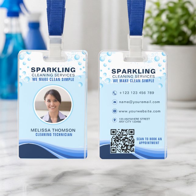 Modern White Blue Professional Cleaning Service ID Badge (Creator Uploaded)
