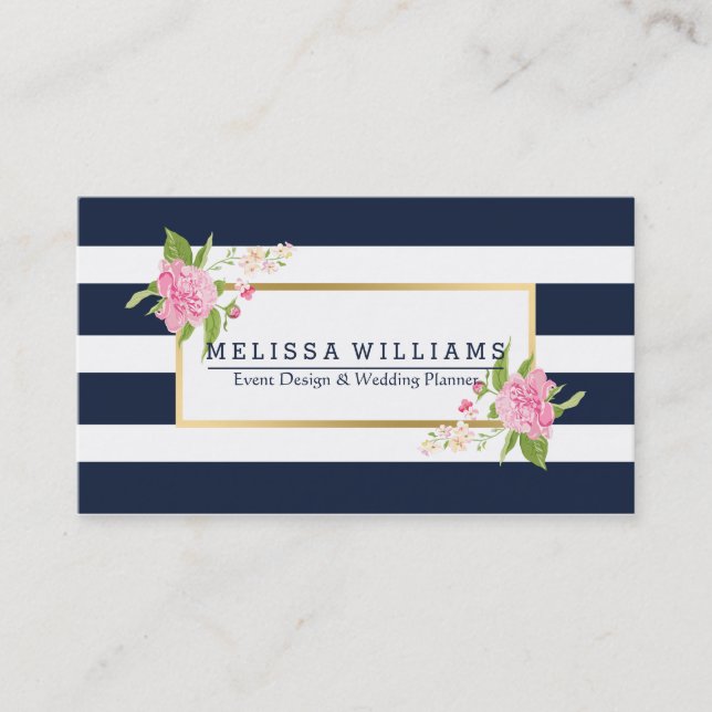 Modern White & Blue Stripes Gold & Floral Accent Business Card (Front)