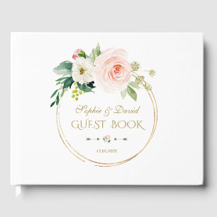 Modern White Blush Flowersl Gold Wedding Guest Book