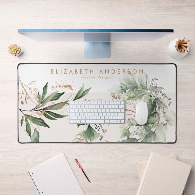 Modern White Blush Gold Eucalyptus Corporate Large Desk Mat (Office 1)