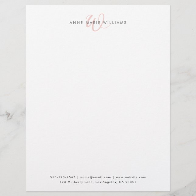 Modern White Blush Pink Script Monogram Custom Letterhead (Front)