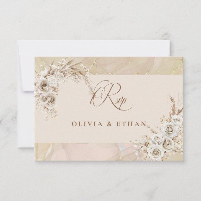 Modern White Boho Floral Arch Wedding RSVP Card (Front)
